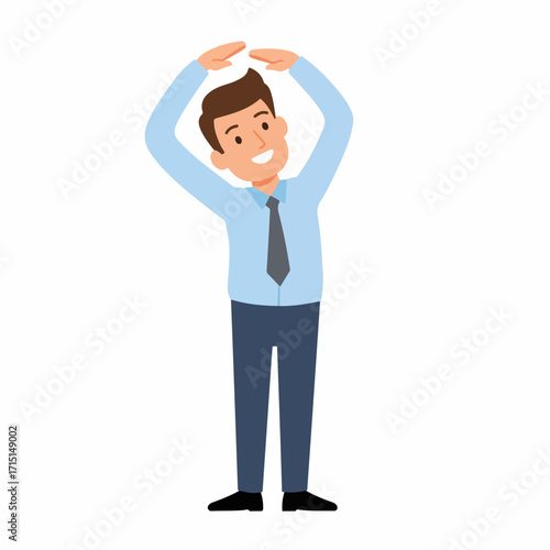A smiling man in business attire stretches his arms overhead, demonstrating a simple exercise.
