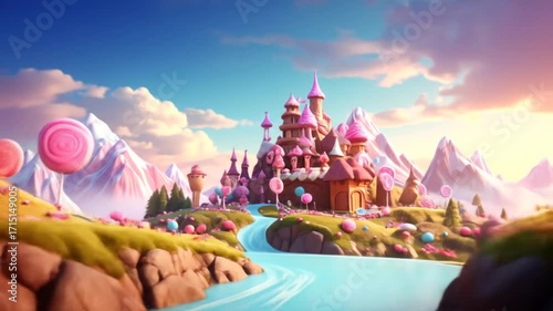 A whimsical, candy-colored castle nestled in a landscape of lollipops and mountains.  A flowing river of azure blue winds through the scene.  Soft, pastel colors create a sweet and dreamy atmosphere