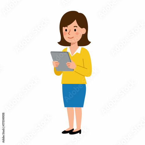A young woman in business attire holding a tablet computer and looking forward with a smile.