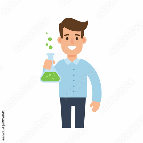 A smiling man in a light blue shirt and dark pants holds up a flask with bubbling green liquid.