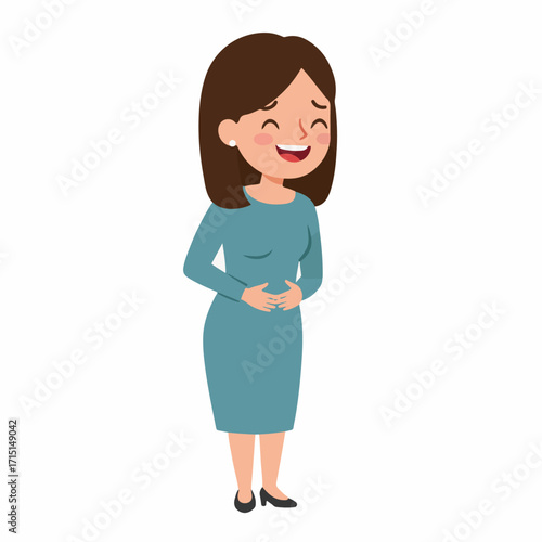 A cartoon illustration of a woman in a teal dress laughing heartily with her hands on her stomach.
