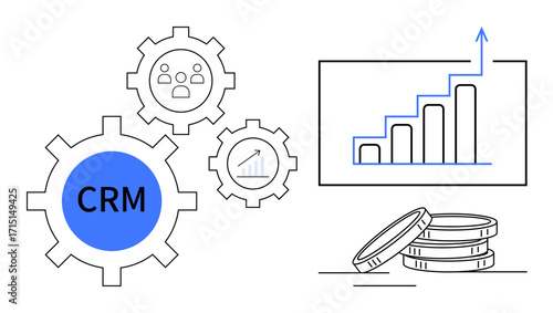 Gears labeled CRM, team icons, a bar chart showing upward growth, and stacked coins signify customer relationship management, teamwork, financial success, and analytics. Ideal for business