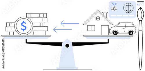 Scales compare money stack with assets thumbs up a house, car, brush, and tech elements. Ideal for wealth management, budgeting, asset valuation, trade-offs, financial planning decision-making