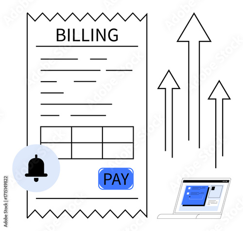 Billing invoice with payment reminder bell icon, Pay button, laptop, and upward arrows symbolizing growth. Ideal for finance, technology, payment, business success, accounting management simple