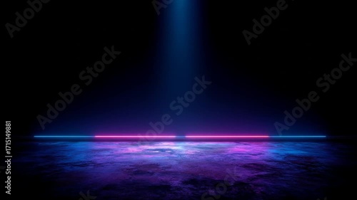 Empty  backdrop with vibrant neon light accents on a textured floor.