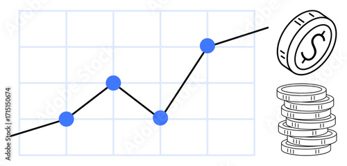 Line graph connecting blue data points on grid, coins stacking beside. Ideal for finance, profits, investments, economy, statistics, savings business trend. Simple flat metaphor