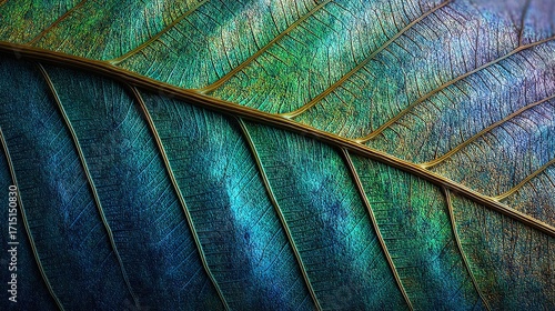 Ultra-high-resolution macro shot of green-to-blue leaf gradient, sharp details and glowing veins, ideal for eco-friendly branding, high-quality backgrounds, and digital art compositions.