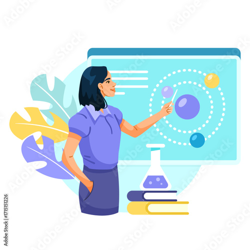 Woman scientist pointing at atom diagram on screen, flat style, white background. Concept of science education and chemistry. Vector illustration