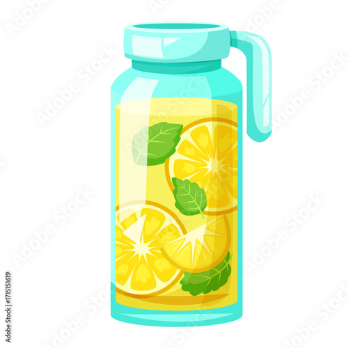 Glass jug filled with yellow lemonade, lemon slices, and mint leaves, cartoon style on white background. Concept of summer refreshment. Vector illustration