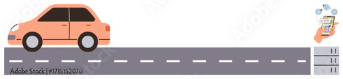 Orange car driving on a road beside a toll booth with a hand holding a smartphone processing a payment. Ideal for digital toll, road infrastructure, technology, transportation, online payments