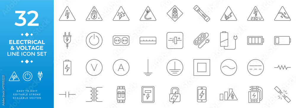 Fotografie Electrical and voltage line icon set, editable stroke vector collection includin