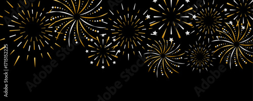 Luxury firework illustration border, with elegant gold and white bursts and stars on a black background, perfect for creating stylish New Year party invitations, posters, and web banners.