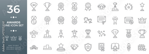 Awards line icon set, editable stroke vector collection including trophies, medals, crowns, diplomas, stars, badges, and ribbons for achievement, success, and competition.