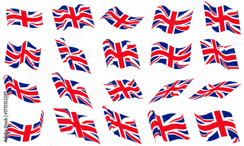 Varied vector illustration collection of waving United Kingdom flags displaying movements set is ideal for conveying British patriotism,associated with the UK, suitable for printed materials.