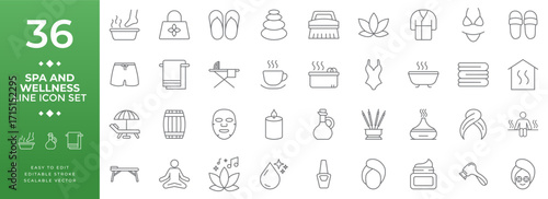 Comprehensive vector line icon set for spa, wellness, and relaxation. collection features editable icons including massage, meditation,aromatherapy ideal for websites and marketing materials.