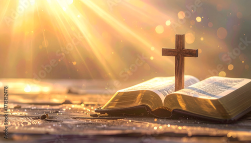 Christian cross placed on Holy Bible pages with radiant golden light.