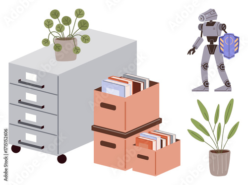 Robot holding book near filing cabinet, storage boxes filled with documents, decorative plants in pots. Ideal for automation, organization, workspace efficiency, technology, future, robotics simple