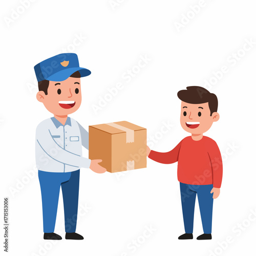 A friendly delivery person in uniform hands a package to a smiling young man.
