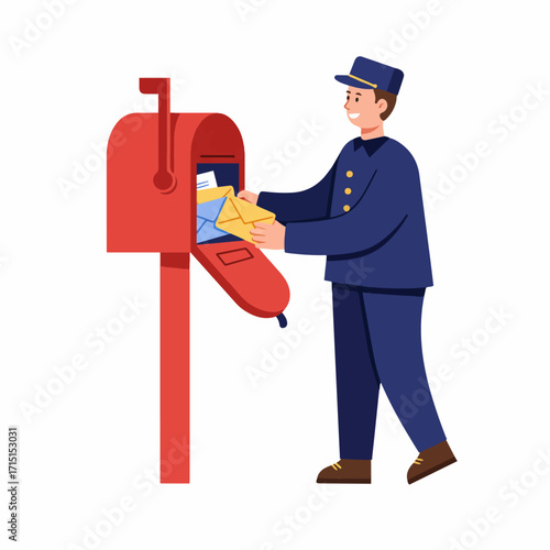 A smiling mail carrier in a blue uniform places a yellow envelope into a red mailbox.