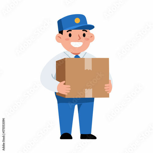 A smiling delivery man in a blue uniform and cap holds a cardboard box.
