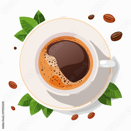 Coffee in a white cup with green leaves and coffee beans on a simple background showcasing a warm beverage experience