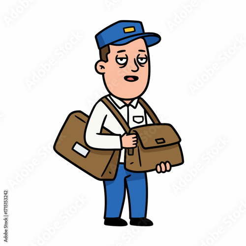 A tired-looking mail carrier wearing a blue cap and uniform, carrying two large brown satchels.