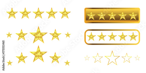 premium five star rating logo icon, Shining golden stars ratings and awards for excellence and achievement isolated on white background
