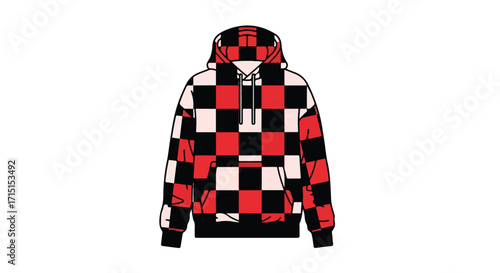 Checkerboard Pullover: Stylish Red, Black, and White Hooded Sweatshirt Isolated on Plain White Backdrop