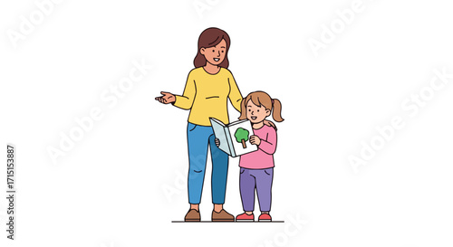 Charming illustration of a mother and daughter sharing a book in a cozy domestic setting, emphasizing the joy of reading and family bonds together
