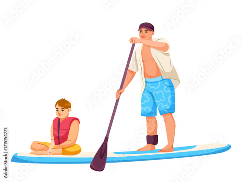 Man standing and paddling on a board with a child sitting in front, cartoon style on white background. Concept of summer sport activity. Vector illustration