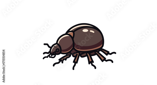Stylized illustration of a brown beetle with bold outlines and simplified features presented on a stark white backdrop depicting nature element