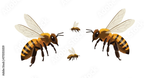 Animated depiction of a bee swarm, with two larger bees flanking two smaller ones in flight and buzzing, creating an immersive visual experience