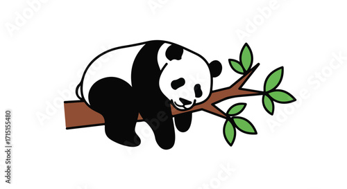Cartoon depiction of a relaxed panda bear resting comfortably on a tree branch enjoying a peaceful nap in its natural habitat
