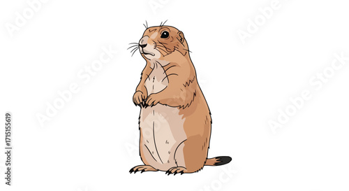 Cartoon prairie dog standing alert on white backdrop, featuring detailed line work and warm brown tones creating an endearing and charming