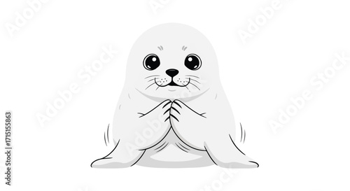 Adorable Cartoon Seal with Clasping Paws and Innocently Wide Eyes on Clean White Background