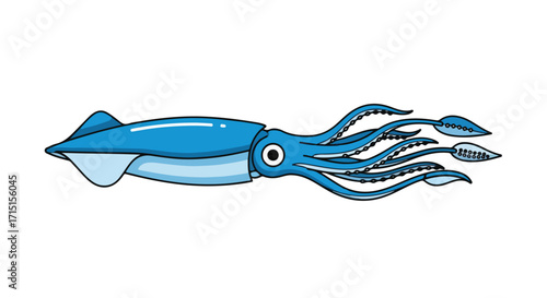 Vibrant blue cartoon squid illustration on a clean white backdrop showcasing whimsical underwater life imagery for children and educational material