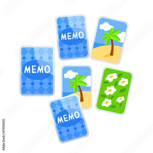 Memory card game set with tropical beach and flower motifs, flat graphic style, arranged on a white background. Concept of fun learning. Vector illustration