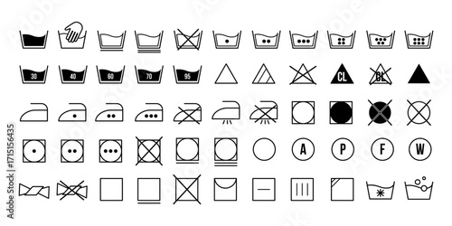 Laundry care symbols set with various icons for washing, ironing, drying, bleaching, and professional cleaning on white background. Vector illustration