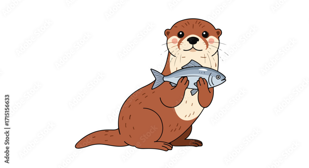 Obraz premium Adorable otter illustration with a freshly caught fish, perfect for children's books and animal-themed designs with playful character and clean lines