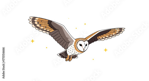 Elegant barn owl illustration with open wings soaring amidst faint sparkles against a plain white canvas delivering a feeling of lightness