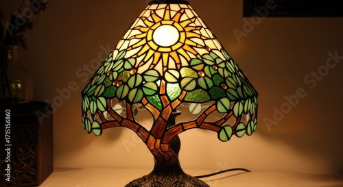 Illuminated Tiffany Style Tree Lamp with Stained Glass Shade.