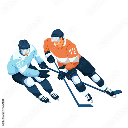 Two ice hockey players wearing gear and uniforms competing on ice, flat style, isolated on white background. Concept of team sports. Vector illustration