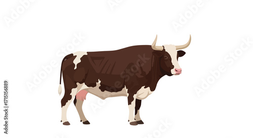 Detailed Illustration of a Brown and White Cow with Horns Isolated on a White Background Design Portraying Dairy Farming and Livestock