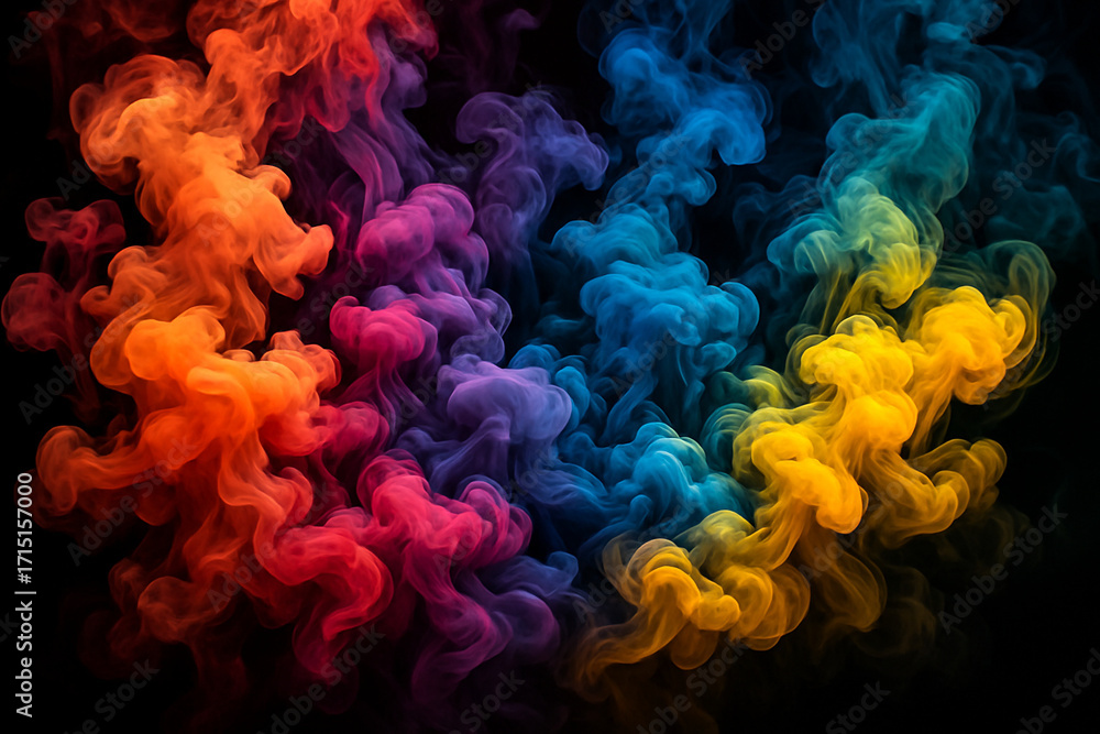 Obraz premium Vibrant Smoke: Abstract Colorful Ink Swirl on Black Background