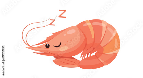 Cartoon shrimp character sleeping peacefully with Zzz symbols floating above, isolated on a white background for design projects