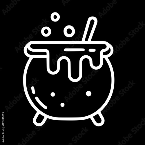 Bubbling Cauldron Potion Line Icon with Stirring Stick
