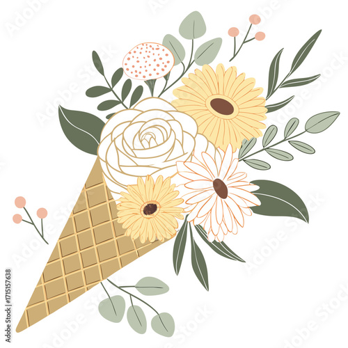 Waffle Cone Overflowing with Pastel Flowers and Leaves