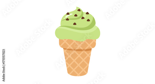 An illustration featuring a scoop of light green ice cream with chocolate sprinkles on a waffle cone.