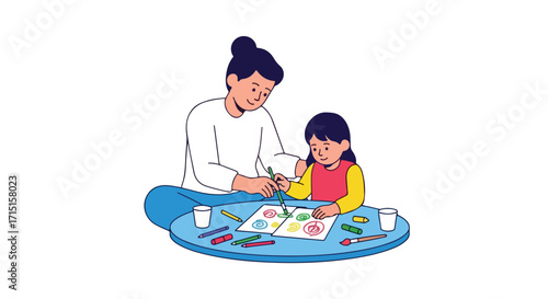 A heartwarming illustration capturing the joyous moment of a mother guiding her child through artistic expression painting together on a blue round