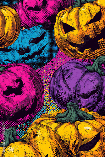 Colorful Halloween pumpkins with various expressions set against a vibrant, abstract background